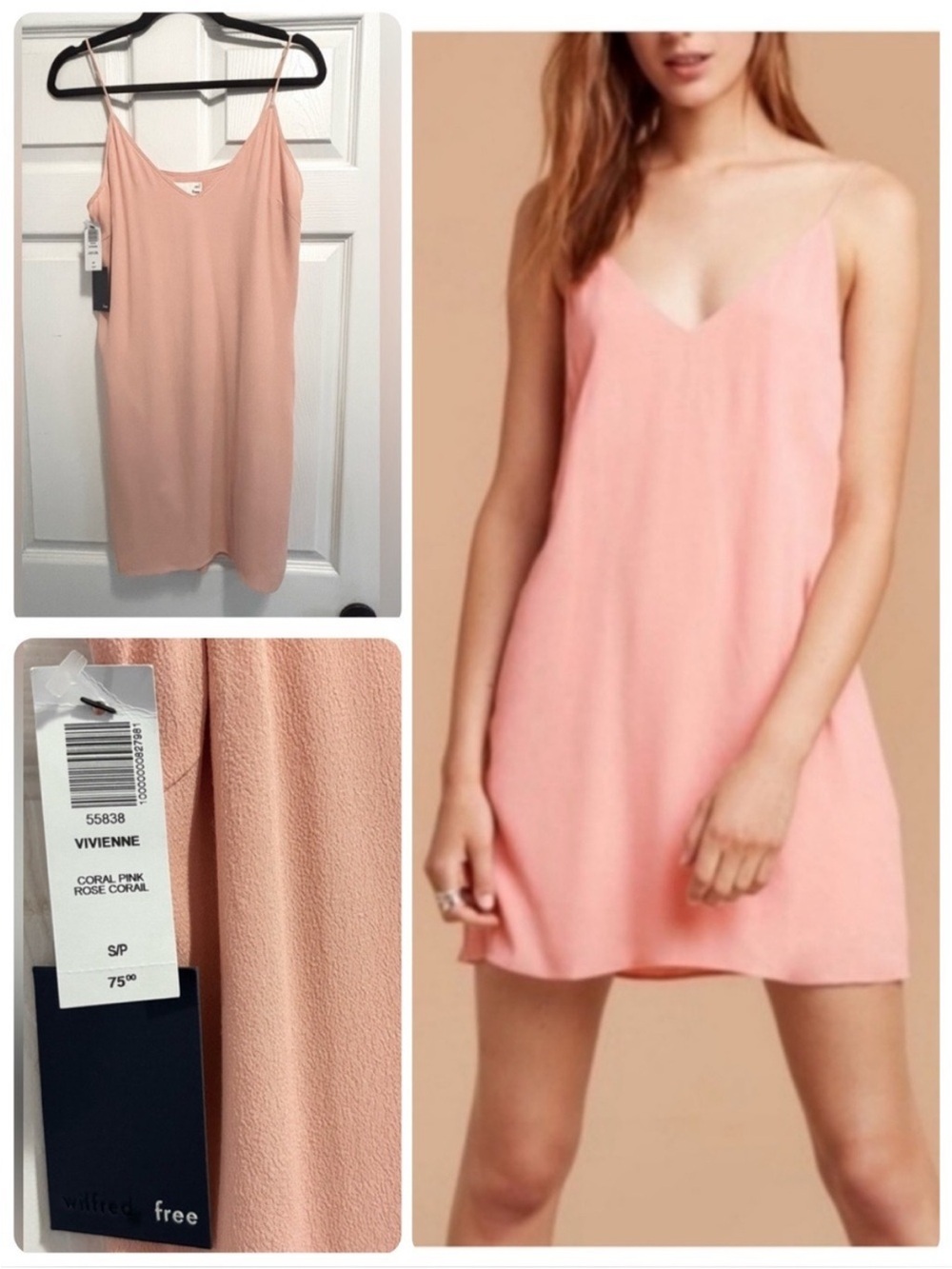 NWT Aritzia Wilfred Free VIVIENNE Camisole Slip Dress Coral Pink Size Small NEW